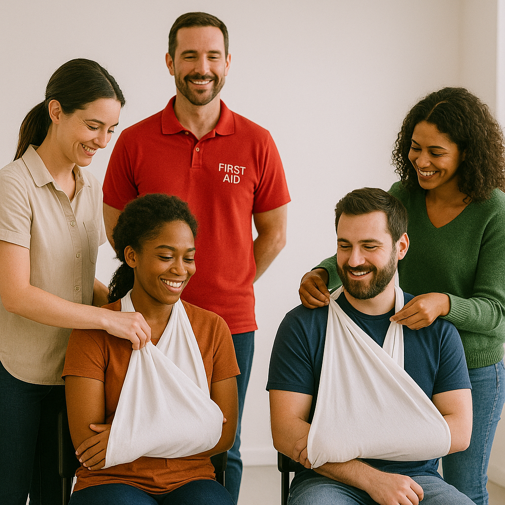 students practicing using triangular bandage as a sling