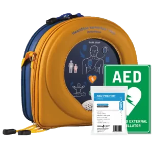 A heartsine 350p defibrillator with a prep kit and wall sticker