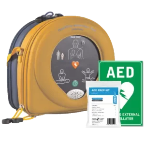 A Heartsine 500p Defibrillator with a prep kit and wall sticker