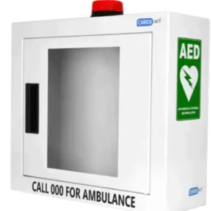 An alarmed cabinet for a defibrillator