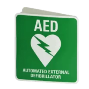 an aed wall sign that stands out in a corridor