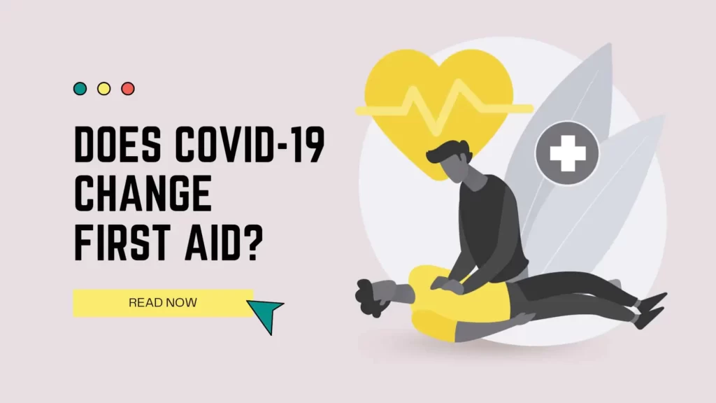 An image with the text covid-19 first aid and a cartoon man giving cpr behind medical icons.