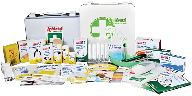 A tradies first aid kit with a wide variety of equipment for use in an emergency