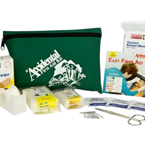 An image of the 100407 Handy Personal First Aid Kit and its contents including plastic strips, scissors, thermal blanket and "easy first aid" guide