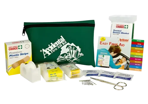 An image of the 100407 Handy Personal First Aid Kit and its contents including plastic strips, scissors, thermal blanket and "easy first aid" guide