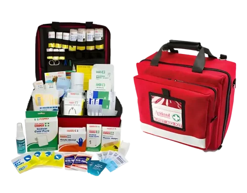 a photo of the 100410 Outdoor/4wd First Aid Kit and its adhesive bandages, sterile dressings, crepe bandages, triangular bandages and other contents