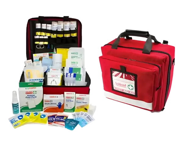 a photo of the 100410 Outdoor/4wd First Aid Kit and its adhesive bandages, sterile dressings, crepe bandages, triangular bandages and other contents