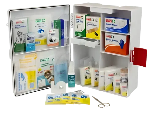 photograph of 101461 code of practice first aid kit showing the abs wall mountable case open to reveal inside contents of scissors, adhesive strips, triangular bandages, crepe bandages and more.