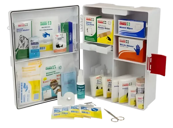 photograph of 101461 code of practice first aid kit showing the abs wall mountable case open to reveal inside contents of scissors, adhesive strips, triangular bandages, crepe bandages and more.