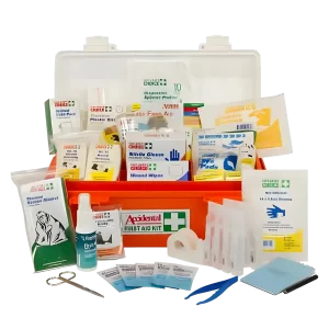 Photo of 101463 Code of Practice First Aid Kit. The polypropylene case is open and nitrile gloves, combine dressings and bandages are inside, while sterile dressings sprays, tweezers and saline solution are outside the kit.