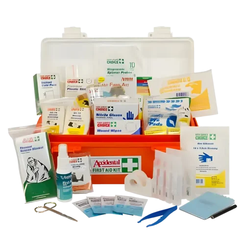 Photo of 101463 Code of Practice First Aid Kit. The polypropylene case is open and nitrile gloves, combine dressings and bandages are inside, while sterile dressings sprays, tweezers and saline solution are outside the kit.