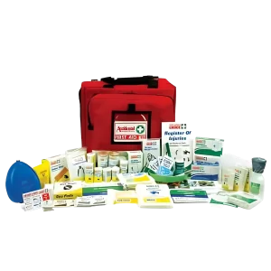 photo of 101464 National Workplace First Aid Kit Softbag Portable Large, the softbag is in the background and in the foreground are its contents, multiple bandages, injury register, and dressings