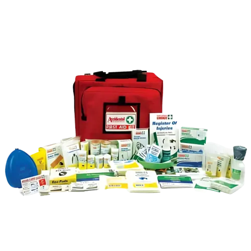 photo of 101464 National Workplace First Aid Kit Softbag Portable Large, the softbag is in the background and in the foreground are its contents, multiple bandages, injury register, and dressings