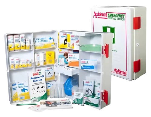 Photo of 101466 National Workplace First Aid Kit ABS Plastic Wall Mountable Large, the image is split and the background shows the wall cabinet on the right, and to the left is an open kit and its contents of wound dressings, fabric strips, resus masks, cotton buds, gallipot and splinter probe