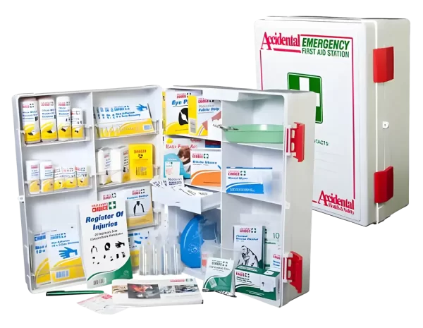 Photo of 101466 National Workplace First Aid Kit ABS Plastic Wall Mountable Large, the image is split and the background shows the wall cabinet on the right, and to the left is an open kit and its contents of wound dressings, fabric strips, resus masks, cotton buds, gallipot and splinter probe