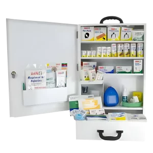 an image of the extra large national workplace first aid metal kit. the drawer is open and displaying contents