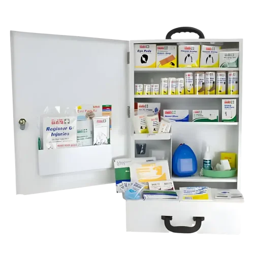 an image of the extra large national workplace first aid metal kit. the drawer is open and displaying contents