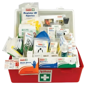 Photo of the 101468 National Workplace First Aid Kit Polypropylene Portable. Its large white lid is opening, the red front is in the foreground and nitrile gloves, wound wipes, triangular bandages, scissors and more items are visible inside the kit.