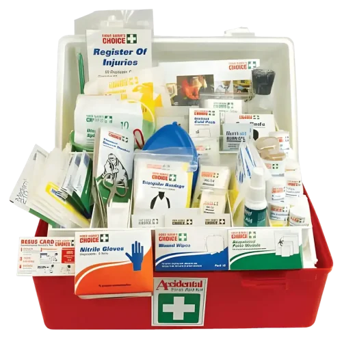 Photo of the 101468 National Workplace First Aid Kit Polypropylene Portable. Its large white lid is opening, the red front is in the foreground and nitrile gloves, wound wipes, triangular bandages, scissors and more items are visible inside the kit.