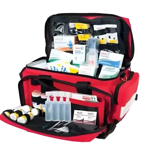 an extra large softbag first aid kit is open and displaying contents