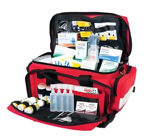 an extra large softbag first aid kit is open and displaying contents