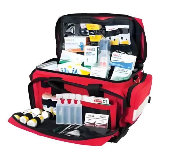 an extra large softbag first aid kit is open and displaying contents