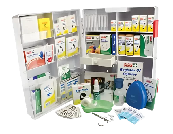 the 101480 preparation kit is open and more than 30 first aid supplies inside are displayed