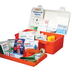 a photo of this catering first aid kit. the lid is open and the top layer has been pulled out to remove more than 30 first aid items.