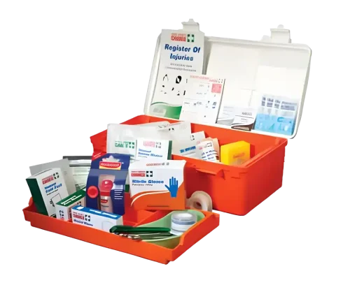 a photo of this catering first aid kit. the lid is open and the top layer has been pulled out to remove more than 30 first aid items.