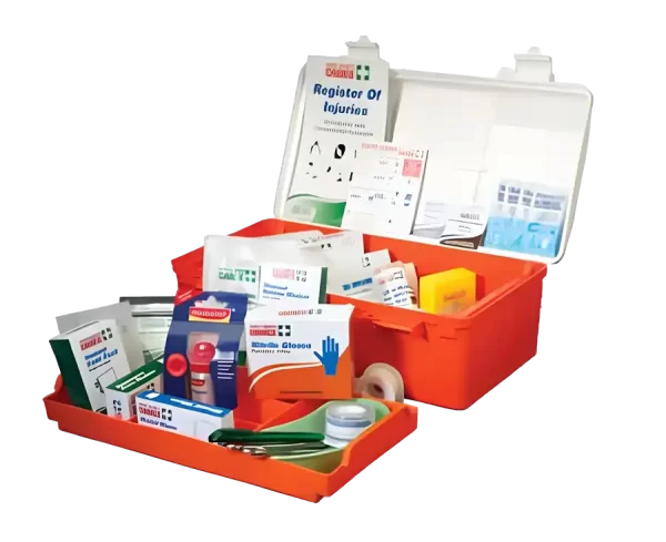 a photo of this catering first aid kit. the lid is open and the top layer has been pulled out to remove more than 30 first aid items.