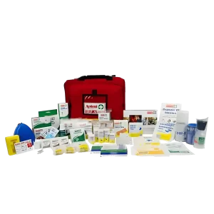 a photo of the 101486 sports first aid kit. A heavy duty, red zip storage bag, heat pack, forceps, soft pack, thermal blanket are displayed