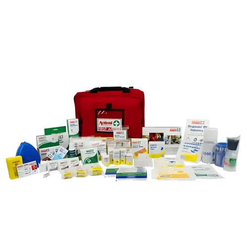 a photo of the 101486 sports first aid kit. A heavy duty, red zip storage bag, heat pack, forceps, soft pack, thermal blanket are displayed