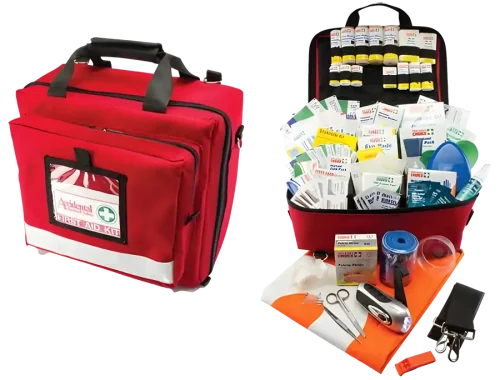 an image of the 101492 remote first aid kit closed on the left, and on the right, its open with some of its items such as a light cpr mask and bandages are visible.