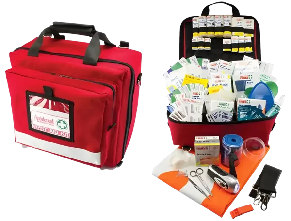 an image of the 101492 remote first aid kit closed on the left, and on the right, its open with some of its items such as a light cpr mask and bandages are visible.