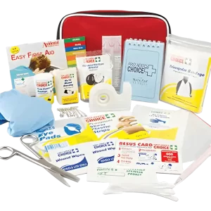 a photo of a compact first aid case, manual, notepad, bandage, gloves, resus card, scissors, wound wipes, tape, pen and more contained in the 101585 first aid kit