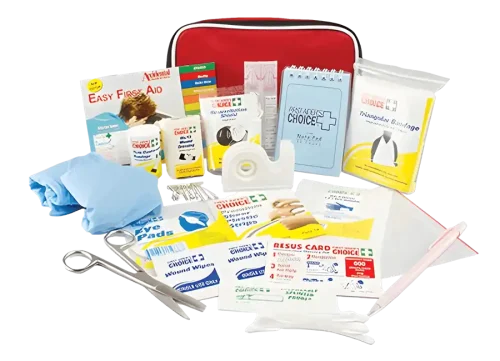 a photo of a compact first aid case, manual, notepad, bandage, gloves, resus card, scissors, wound wipes, tape, pen and more contained in the 101585 first aid kit