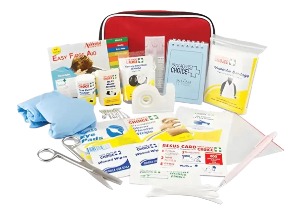 a photo of a compact first aid case, manual, notepad, bandage, gloves, resus card, scissors, wound wipes, tape, pen and more contained in the 101585 first aid kit
