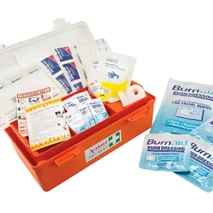 on the left is a burns first aid kit with items inside and on the right are a variety of burn aid products
