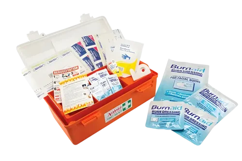 on the left is a burns first aid kit with items inside and on the right are a variety of burn aid products