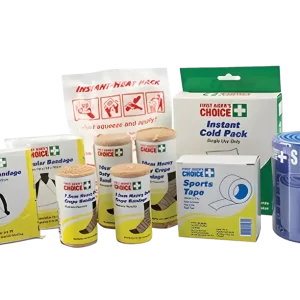 a selection of items to help use r.i.c.e method to treat spains and strains.