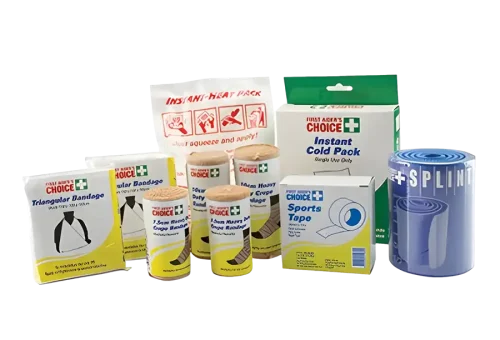 a selection of items to help use r.i.c.e method to treat spains and strains.