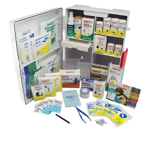 a photo of an open wall mountable first aid kit containing items specifically designed to treat patients at a cafe