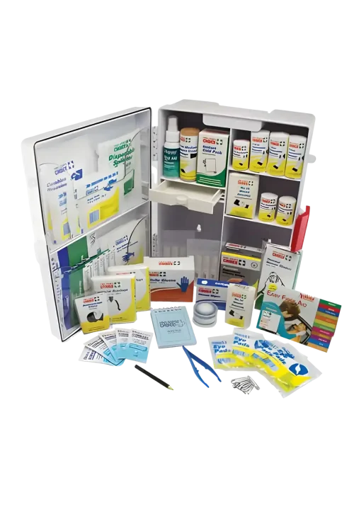 a photo of an open wall mountable first aid kit containing items specifically designed to treat patients at a cafe