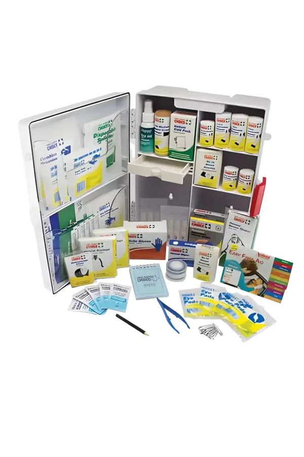 a photo of an open wall mountable first aid kit containing items specifically designed to treat patients at a cafe