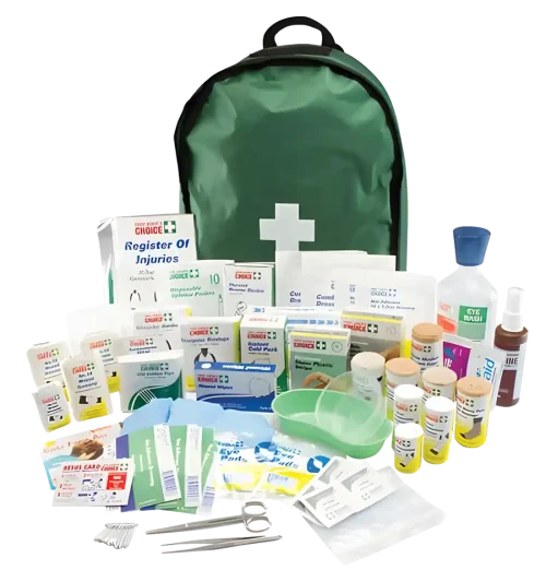 a photo of the 118865 backpack first aid kit. The backpack is green. Scissors, eye pads, resuscitation cards are in the front of the image, with a kidney dish, crepe bandages, triangular bandage and other dressings in the backround.