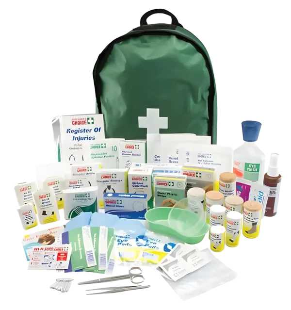 a photo of the 118865 backpack first aid kit. The backpack is green. Scissors, eye pads, resuscitation cards are in the front of the image, with a kidney dish, crepe bandages, triangular bandage and other dressings in the backround.