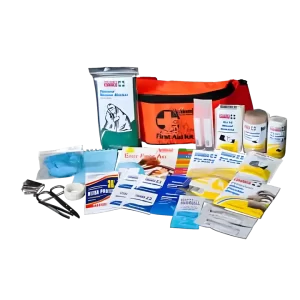 a photo of 19042 Personal Outdoor First Aid Kit with some essential items for travelling and bushwalking in front.