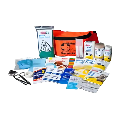 a photo of 19042 Personal Outdoor First Aid Kit with some essential items for travelling and bushwalking in front.