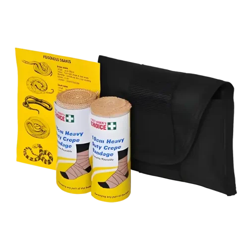 a photo a the 30020 snake bite kit. It has instructions, a black pich and two heavy crepe bandages