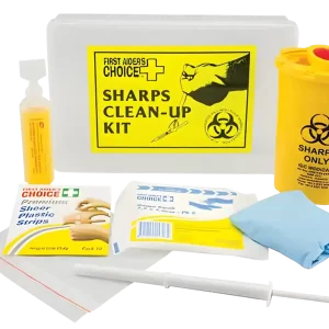 a photo showing the 30042 sharps clean up kit and first aid items it contains
